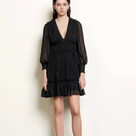 Sandro Voile Tiered Ruffle Mini Dress Black - Picture 1 of 11